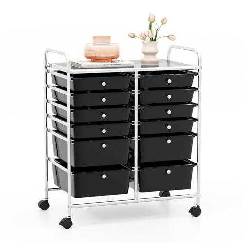 GOPLUS Rollwagen Schubladenwagen, Rollcontainer mit 12 stapelbaren Schubladen, Haushaltwagen auf Rollen mit Bremsen, Badtrolley Badregal, Aufbewahrungswagen für Heim und Büro (Schwarz) von GOPLUS