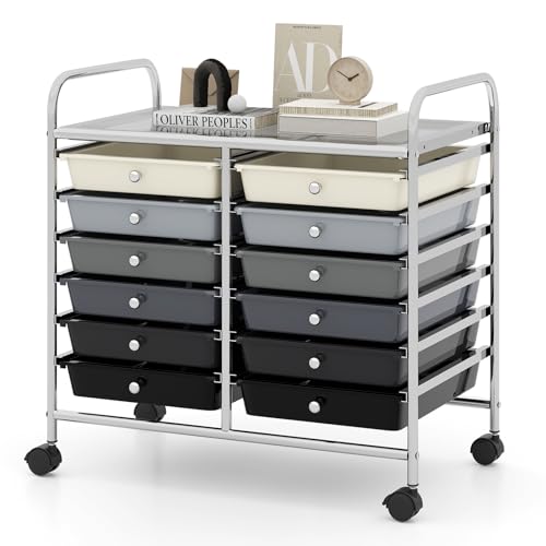 GOPLUS Rollwagen mit 12 Schubladen stapelbar, Rollcontainer mit Ablage & Metallgestell, Badregal, Schubladenwagen, Aufbewahrungswagen, für Büro, Zuhause (Weiß, Grau, Schwarz) von GOPLUS
