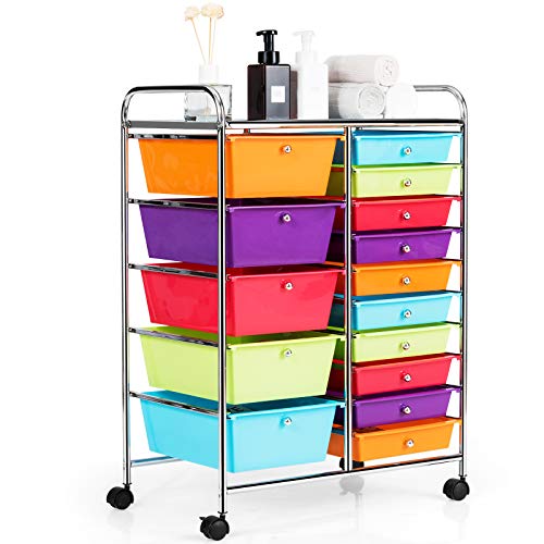 GOPLUS Rollwagen mit 15 stapelbaren Schubladen, Schubladenwagen Farbewahl, Beistellwagen Haushaltswagen Rollcontainer Badrollwagen Badtrolley Badregal (Bunt 1) von GOPLUS