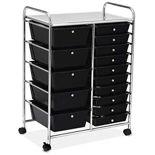 GOPLUS Rollwagen mit 15 stapelbaren Schubladen, Schubladenwagen Farbewahl, Beistellwagen Haushaltswagen Rollcontainer Badrollwagen Badtrolley Badregal (Schwarz) von GOPLUS