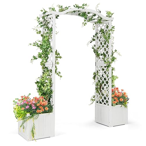 GOPLUS Rosenbogen Holz, Gartenbogen mit Rankgitter & Pflanzenkasten, Torbogen für Kletterpflanzen, Rankhilfe für Gartenparty & Hochzeit, 183 × 42 × 200cm, Weiß von GOPLUS