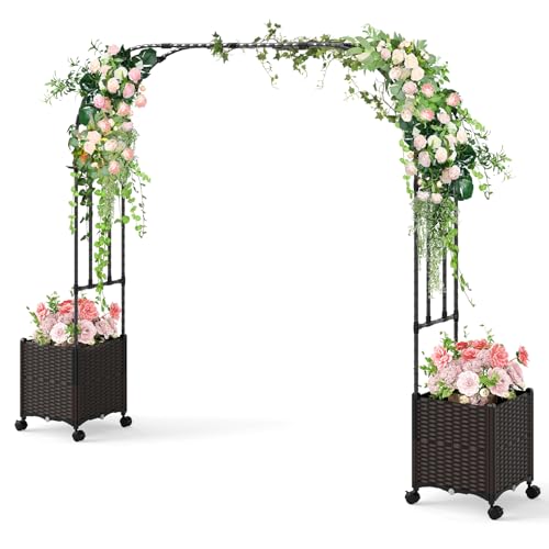 GOPLUS Rosenbogen mit Pflanzkästen, Gartenbogen mit Metallrahmen, selbstbewässernden Pflanzkästen mit Rollen, Torbogen Garten, Rosen Rankhilfe, Pergola mit Blumenkasten (288 x 40 x 202 cm) von GOPLUS