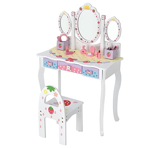 GOPLUS Schminktisch Kinder mit 3 Speigeln, Frisiertisch Mädchen mit 3 Schubladen, Prinzessin Kosmetiktisch Holz (Weiß) von GOPLUS