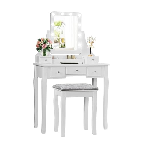 GOPLUS Schminktisch mit Spiegel und 10 LED-Birne, Kosmetiktisch mit 5 Schubladen und Organisator, Frisiertisch Holz, für Schlafzimmer (Weiß) von GOPLUS
