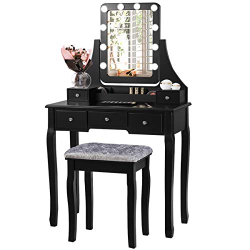 GOPLUS Schminktisch mit Spiegel und 10 LED-Birne, Kosmetiktisch mit 5 Schubladen und Organisator, Frisiertisch Holz, für Schlafzimmer (Schwarz) von GOPLUS
