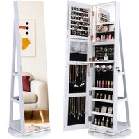 Goplus - Schmuckschrank mit Ganzkörperspiegel, 360° drehbarer Spiegelschrank mit 3-farbigem LED-Licht, Schmuckaufbewahrung abschließbarer, Weiß von GOPLUS