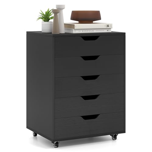 GOPLUS Schubladenschrank mit Rollen, Rollcontainer mit 5 Schubladen, Griffmulden, mobiler Bürocontainer, Aktenschrank Rollschrank für Schlafzimmer Arbeitszimmer Büro (Schwarz) von GOPLUS
