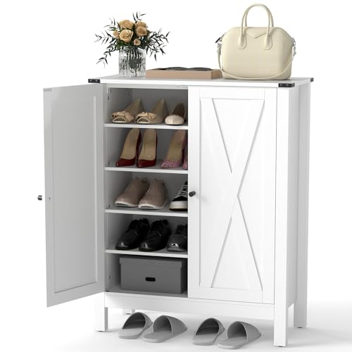 GOPLUS Schuhschrank, schuhkommode schmal mit 5 Regalen, 3 verstellbaren und abnehmbaren Regalen, Schuhablage stehend für Hausschuhe, Stiefel, Sandalen, 80 x 35,5 x 100 cm (Weiß) von GOPLUS