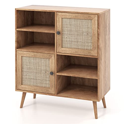 GOPLUS Sideboard mit Rattan-Türen, Küchenschrank mit 4 offene Fächer, Aufbewahrungsschrank Anrichteschrank Buffetschrank Holz für Küche, Esszimmer & Wohnzimmer von GOPLUS