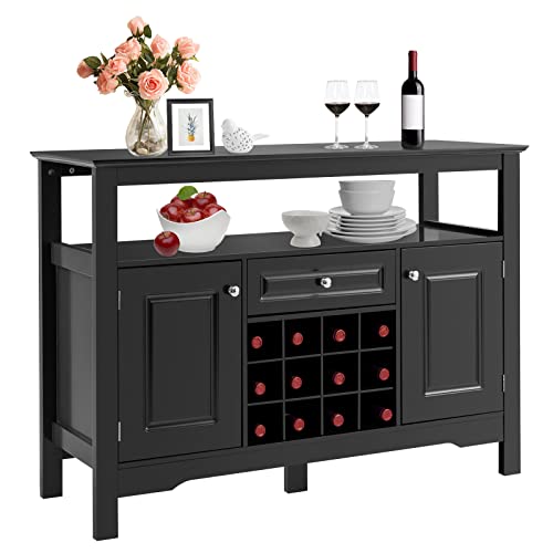 GOPLUS Sideboard mit Weinregal, Küchenschrank mit Offenem Regal, 1 Schublade & 2 Türen, Beistellschrank für Wohnzimmer, Küche & Esszimmer, 117 × 40,5 × 85,5 cm (Black) von GOPLUS