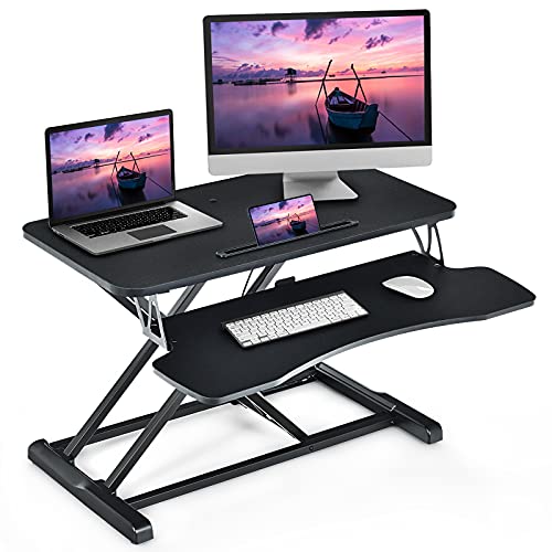 GOPLUS Sit-Stand Workstation, Höhenverstellbarer Schreibtischaufsatz mit Tastaturablage, Ergonomischer Sitz-Steh-Schreibtisch aus Metallgestell, Belastbar bis 15 kg, 80cm x 64 cm (Schwarz) von GOPLUS