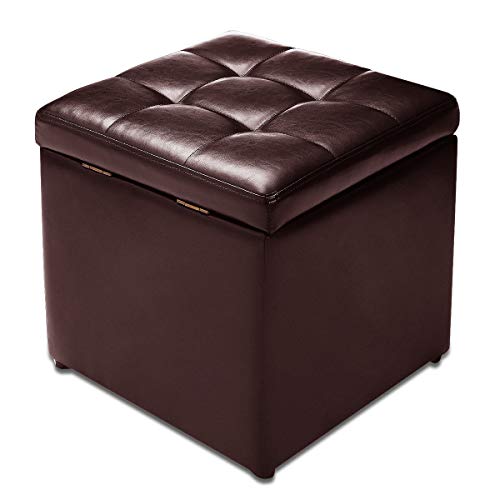 GOPLUS Sitzhocker mit Stauraum, Aufbewahrungshocker mit Deckel, Sitzwürfel aus PU, Sitzbox Farbwahl, Aufbewahrungsbox aus Holz, Polsterhocker 40x40x40cm (Braun) von GOPLUS