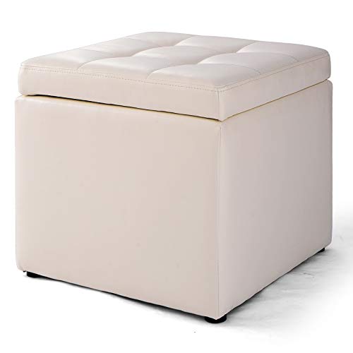 GOPLUS Sitzhocker mit Stauraum, Aufbewahrungshocker mit Deckel, Sitzwürfel aus PU, Sitzbox Farbwahl, Aufbewahrungsbox aus Holz, Polsterhocker 40x40x40cm (Cremeweiß) von GOPLUS