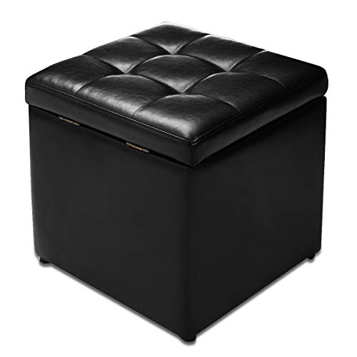 GOPLUS Sitzhocker mit Stauraum, Aufbewahrungshocker mit Deckel, Sitzwürfel aus PU, Sitzbox Farbwahl, Aufbewahrungsbox aus Holz, Polsterhocker 40x40x40cm (Schwarz) von GOPLUS