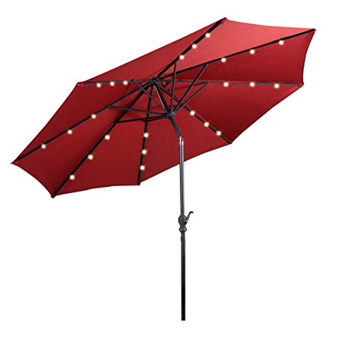 GOPLUS Sonnenschirm 270 cm mit Solar LED-Beleuchtung, Balkonschirm um 30° knickbar, Gartenschirm mit Kurbel, Marktschirm Terrassenschirm 6 Rippen, Tischschirm Balkon Garten Terrasse Strand (Rot) von GOPLUS