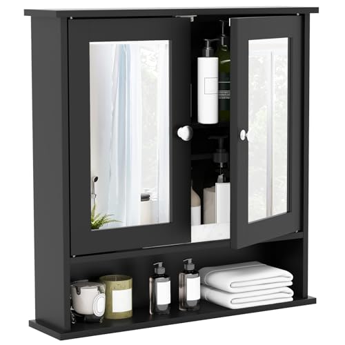 GOPLUS Spiegelschrank Bad mit Ablage, Hängeschrank mit Spiegel, Wandschrank hängend, Badezimmerspiegelschrank Holz, 56 x 13 x 58 cm, Weiß (Schwarz) von GOPLUS