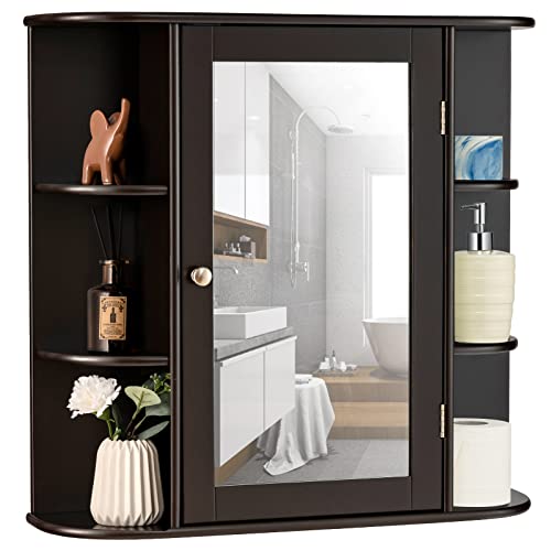 GOPLUS Spiegelschrank Holz mit Ablagen, Badschrank mit Spiegel, Hängeschrank Wandschrank Bad, 66 x 63 x 16,5 cm(Braun) von GOPLUS