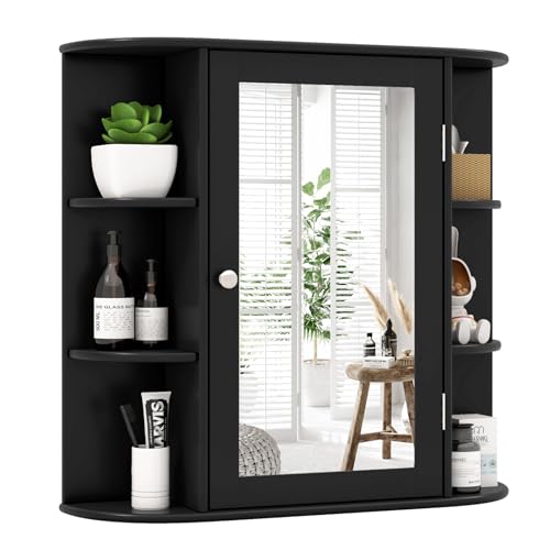 GOPLUS Spiegelschrank Holz mit Ablagen, Badschrank mit Spiegel, Hängeschrank Wandschrank Bad, 66 x 63 x 16,5 cm (Schwarz) von GOPLUS