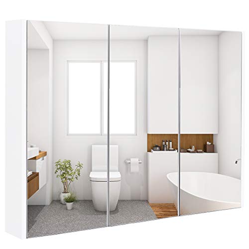 GOPLUS Spiegelschrank mit 3 Türen, Badezimmerschrank mit Spiegel, Hängeschrank mit verstellbaren Ebenen, Wandschrank Bad für Badezimmer, 65 x 11 x 90 cm von GOPLUS