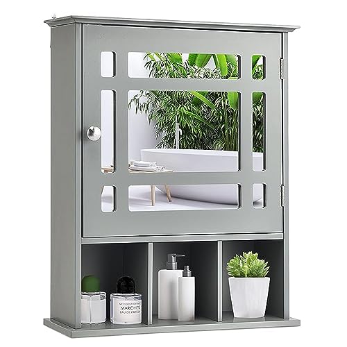 GOPLUS Spiegelschrank mit Ablage, Badschrank mit verstellbarem Einlegeboden, Küchenschrank Hängeschrank Holz, 50×16×61cm (Grau) von GOPLUS