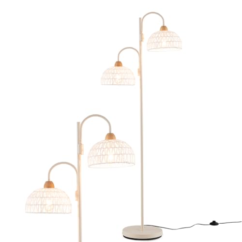 GOPLUS Stehlampe Wohnzimmer, Stehleuchte mit 2 Lampenschirmen aus geflochtenem Hanfseil, 350° drehbare Standleuchte mit Fußschalter, 155cm Standlampe Modern, E27-Fassung von GOPLUS