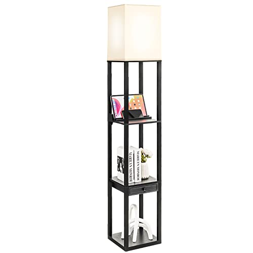 GOPLUS 160 cm Stehlampe aus Holz, Standleuchte mit Regalen & Schublade, Lampe Regal mit USB-Ladeanschlüsse, Lampenfassung E27, Stehleuchte für Wohnzimmer, Schlafzimmer (Normal) von GOPLUS