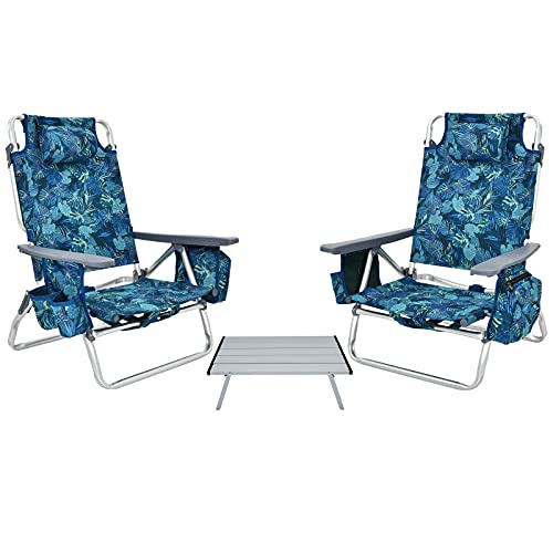 GOPLUS Strandstuhl, 2er Campingstuhl & Tisch Set mit Rückenlehne 5 stufig verstellbar, Kopfstütze & Armlehnen, Klappstuhl Faltstuhl leicht tragbar mit Schultergurten für Strand (Marine) von GOPLUS