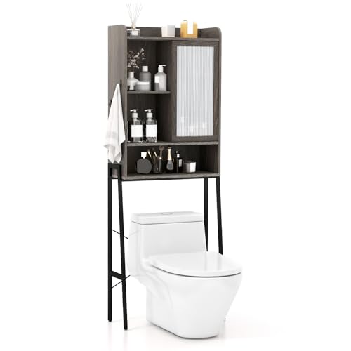 GOPLUS Toilettenschrank, Badezimmerschrank mit Schiebetür, verstellbaren Regalen & Haken, Toilettenregal WC-Schrank über der Toilette mit robustem Metallrahmen, 63 x 29 x 170 cm (Grau) von GOPLUS