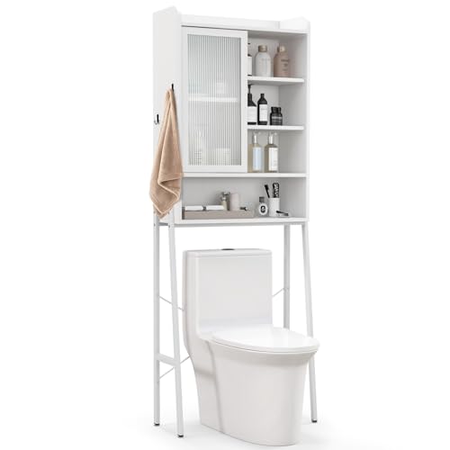 GOPLUS Toilettenschrank, Badezimmerschrank mit Schiebetür, verstellbaren Regalen & Haken, Toilettenregal WC-Schrank über der Toilette mit robustem Metallrahmen, 63 x 29 x 170 cm (Weiß) von GOPLUS