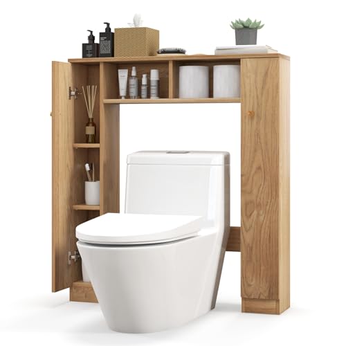 GOPLUS Toiletteschrank, freistehender Toilettenregal mit doppelter Tür, 2 offenen Fächern und 4 verstellbaren Regalen, platzsparender Badezimmerorganisator, 87,5 x 18 x 98 cm (Natur) von GOPLUS
