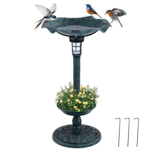 GOPLUS Vogeltränke stehend, Vogelbad Winterfest mit Solar Licht & Blumentopf, Vogelbrunnen Retro, Garten Tränke Bad für Wildvögel, Wassertränke für Vögel, Bird Bath für Terrasse & Rasen (Bronze) von GOPLUS