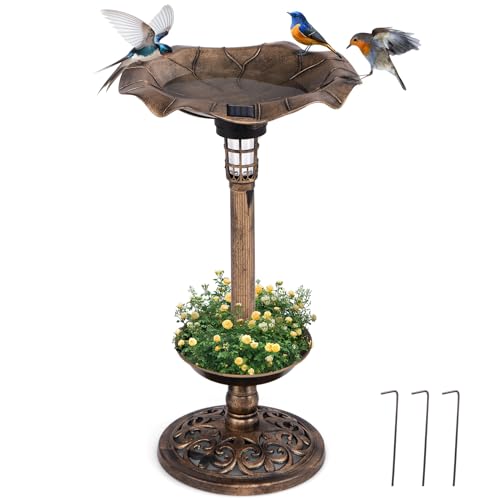 GOPLUS Vogeltränke stehend, Vogelbad Winterfest mit Solar Licht & Blumentopf, Vogelbrunnen Retro, Garten Tränke Bad für Wildvögel, Wassertränke für Vögel, Bird Bath für Terrasse & Rasen (Antikbronze) von GOPLUS
