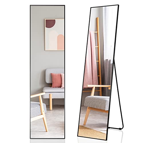 GOPLUS Wandspiegel, 160 x 40 cm Ganzkörperspiegel mit Metallrahmen, rutschfeste Matte, Standspiegel für Schlafzimmer, Eingangsbereich & Bekleidungsgeschäft (Schwarz) von GOPLUS