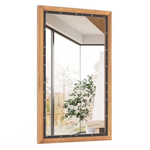 GOPLUS Wandspiegel, dekorativer Spiegel mit Holzrahmen, rechteckiger Spiegel, Hängespiegel für Wohnzimmer, Bad & Flur, Natur, 55 x 90 cm von GOPLUS