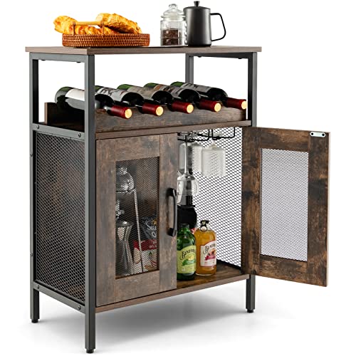 GOPLUS Weinbarschrank aus Holz, Küchenschrank mit abnehmbarem Weinregal & 6 Glashalter, Sideboard mit Metallgittertüren Industriell für Küche & Esszimmer von GOPLUS