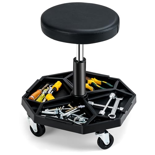 GOPLUS Werkstatthocker 41-55cm höhenverstellbar, Rollhocker mit Werkzeugablage & 4 Universalrädern, Funktioneller Arbeitshocker für Garage, Reparaturwerkstatt, bis 150 kg belastbar (Schwarz) von GOPLUS