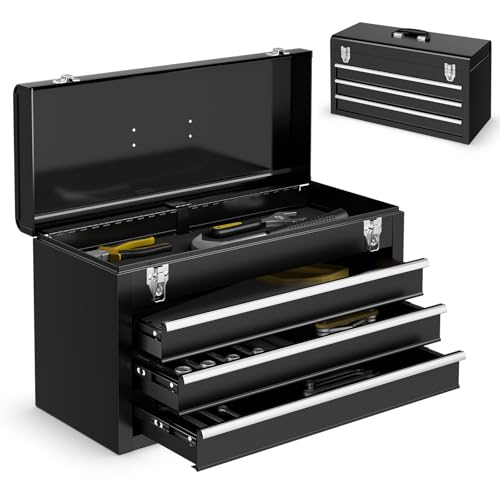 GOPLUS Werkzeugkasten mit Kugellagerauszug, Werkzeugkiste Metall, mit 3 Schubladen & oberem Tablett & Griff, Werkzeugkoffer für Zuhause, Büro, Lager, Werkzeugbox 52 x 21 x 30 cm (Schwarz) von GOPLUS
