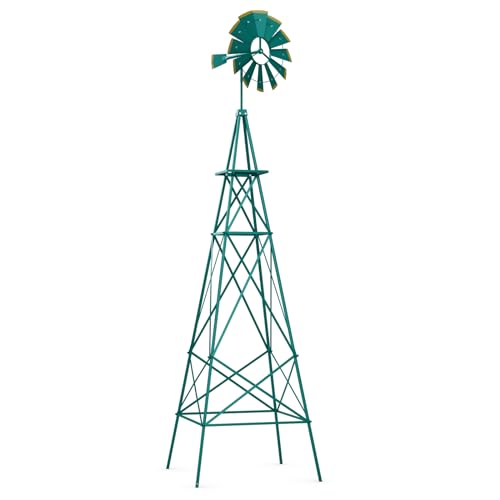 GOPLUS Windrad Metall, Höhe 253 cm, Windspiel wasserdicht Wetterfest, Windmühle mit Erdspießen und X-förmiger Struktur, Gartendeko Garten (Grün) von GOPLUS