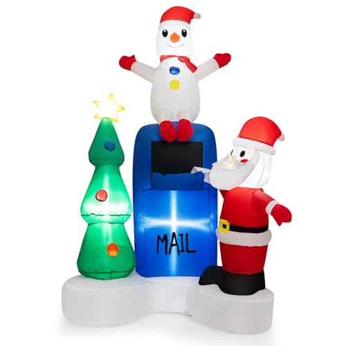 GOPLUS aufblasbarer Weihnachtsmann Deko, 185cm hoch Santa Claus mit 5 LED-Lichtern & Gebläse, Weihnachtsdekoration mit Schneemann, Weihnachtsbaum & Briefkasten für drinnen & draußen von GOPLUS