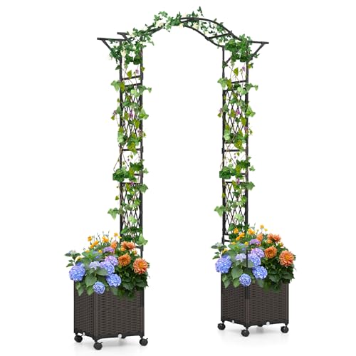 GOPLUS Rosenbogen Metall, Gartenbogen mit 2 Pflanzkästen, Rosen Rankhilfe mit Rollen, Rankbogen mit Rankgitter für Hochzeiten, Torbogen Garten für Kletterpflanzen, 208 x 40 x 250 cm (Schwarz) von GOPLUS