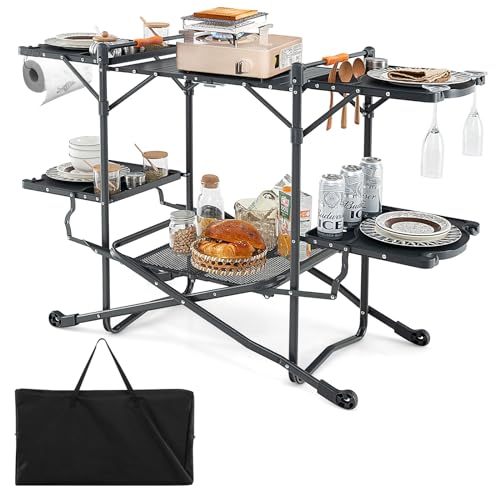 Goplus Camping-Kochtisch, Outdoor-Grilltisch, zusammenklappbare Campingküche mit Aluminium-Tischplatte, 4 Beistelltische, Aufbewahrungsregal, tragbare Kochstation, Vorbereitungstisch für draußen von GOPLUS
