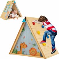 Dreieckiges Spielzelt für Kinder, 2 in 1 Kinderspielhaus & Kletterfelsen, Holzspielzelt mit Kletterwand, Hängender Glocke, Offenem Fenster, Großem von GOPLUS