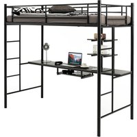 Hochbett aus Metall mit Schreibtisch, 2-in-1 Kinderbett mit Arbeitsplatz, Ablagen, 2 Leitern & durchgehendem Gelaender, platzsparender von GOPLUS