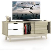 TV-Staender, TV-lowboard für Fernseher bis zu 60 Zoll, Fernsehschrank mit Holzbeine, 2 Schubladen & 2 Schiebetüren, TV-Sideboard mit Kabelmanagement von GOPLUS