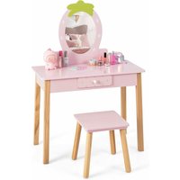 Kinder Schminktisch Set, Kosmetiktisch Set mit Hocker Spiegel, in erdbeerförmigem Design, Kinder von 3-7 Jahren, für Mädchen Kinderzimmer von GOPLUS
