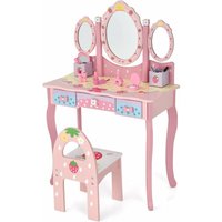Kinder-Schminktisch mit Stuhl, Frisiertisch-Set mit abnehmbarem Spiegel, 2 Aufbewahrungsboxen & 3 Schubladen, Holz-Kosmetiktisch mit Kippsicherung, von GOPLUS