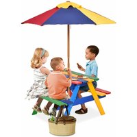 Kindermoebel, aus Tannenholz, Picknicktisch mit Bank für Kinder, mit Sonnenschirm, Mehrfarbige Kindersitzgruppe, für 4 Kleinkinder, Geeignet von GOPLUS