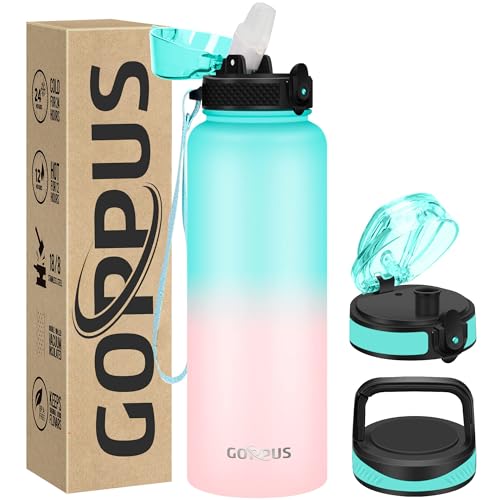 GOPPUS 1.2L/40oz Edelstahl Wasserflasche mit Strohhalm 1.2 Liter Heiße Thermosflasche Doppelwandige Stahl Wasserflaschen Isolierte Wasserflaschen Auslaufsichere Kalte Wasserflasche Erwachsene Flip Top von GOPPUS