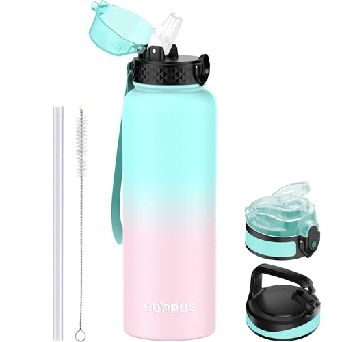 GOPPUS 1.2L/40oz Edelstahl Wasserflasche mit Strohhalm 1.2 Liter Heiße Thermosflasche Doppelwandige Stahl Wasserflaschen Isolierte Wasserflaschen Auslaufsichere Kalte Wasserflasche Erwachsene Flip Top von GOPPUS