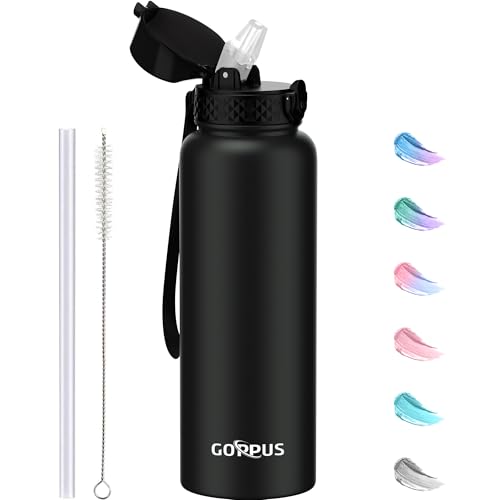 GOPPUS 1.2L/40oz Edelstahl Wasserflasche mit Strohhalm 1.2 Liter Heiße Thermosflasche Doppelwandige Stahl Wasserflaschen Isolierte Wasserflaschen Auslaufsichere Kalte Wasserflasche Erwachsene Flip Top von GOPPUS